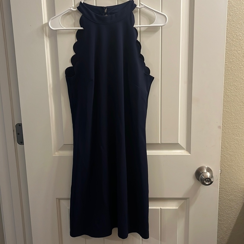 Navy scalloped top halter dress